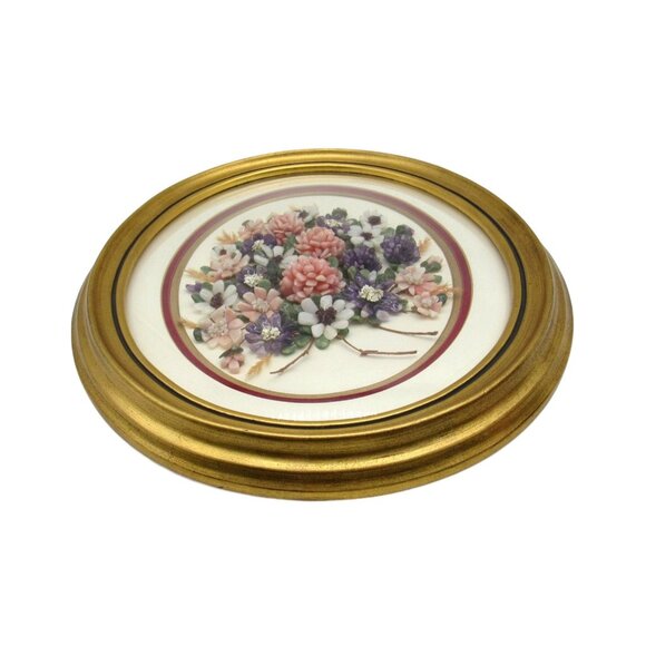 GEMSTONE BOUQUET Artwork Gold Oval Convex Frame 3D Floral 16 Inches Vintage - Picture 4 of 12